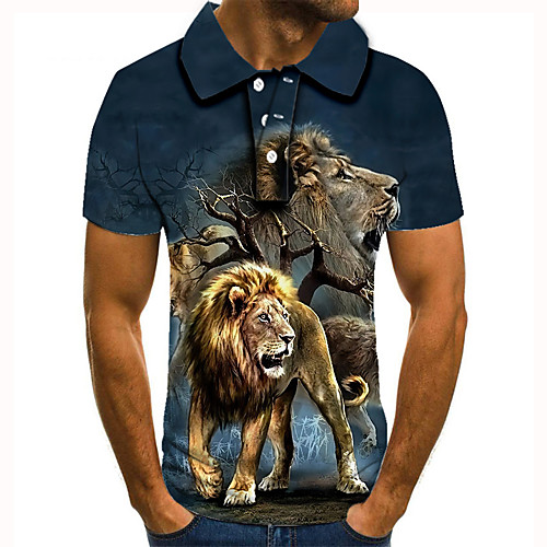 

Men's Golf Shirt Tennis Shirt 3D Print Graphic Prints Lion Animal Button-Down Short Sleeve Street Tops Casual Fashion Cool Blue / Sports
