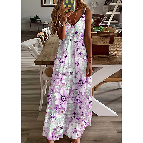 

Women's Swing Dress Maxi long Dress Purple Yellow Blushing Pink Sleeveless Floral Print Print Spring Summer V Neck Casual Boho Holiday 2021 S M L XL XXL