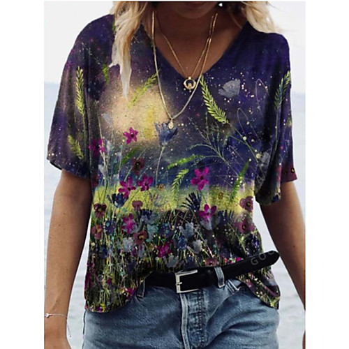 

Women's T shirt Floral Print V Neck Tops Boho Basic Top Blue Purple Yellow