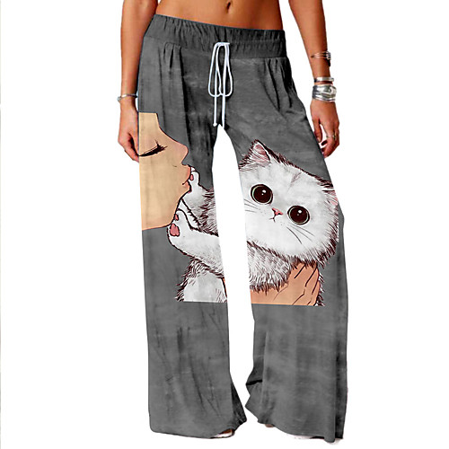 

Women's Basic Soft Comfort Loose Daily Home Culottes Wide Leg Chinos Pants Cat Graphic Prints Full Length Elastic Drawstring Design Print Khaki Gray