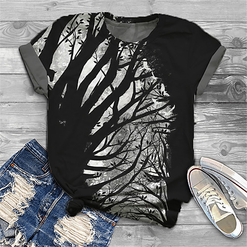 

Women's Plus Size Tops T shirt Graphic Leaf Print Short Sleeve Crewneck Basic Blue White Black Big Size XL XXL 3XL 4XL 5XL / Holiday