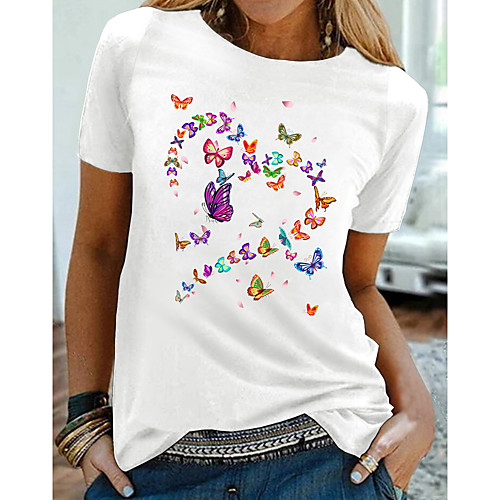 

Women's Butterfly T shirt Graphic Butterfly Heart Print Round Neck Basic Tops 100% Cotton White Black