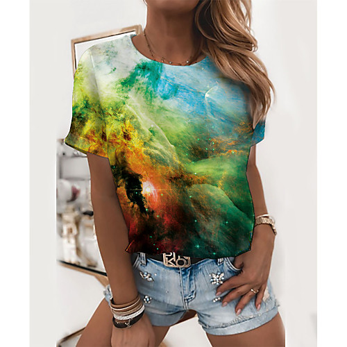 

Women's Abstract Geometric Painting T shirt Graphic Graffiti Print Round Neck Basic Tops Green