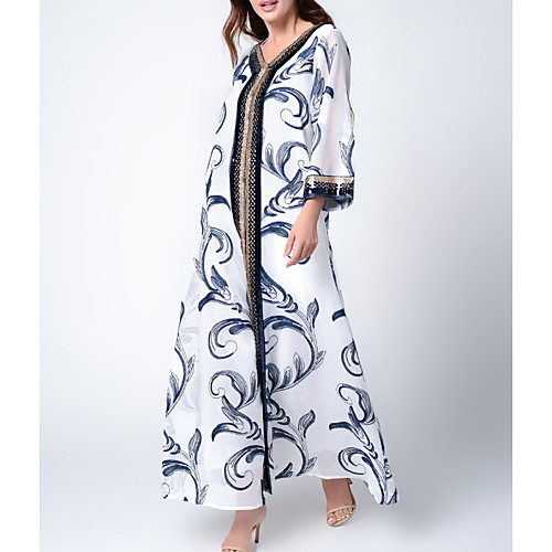 

Women's Kaftan Dress Maxi long Dress Green White Black Long Sleeve Print Solid Color Patchwork Fall Spring Round Neck Casual 2021 S M L