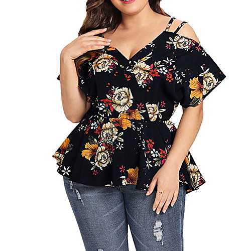 

Women's Plus Size Tops Blouse Floral Graphic Ruffle Strapless Short Sleeve V Neck Summer Big Size XL XXL XXXL 4XL 5XL