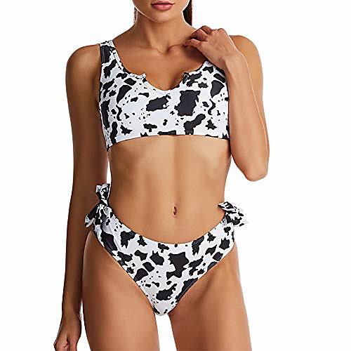 

fanuerg women's cow print crop top bikini set push up two piece swimsuits bowknot bathing suits black m