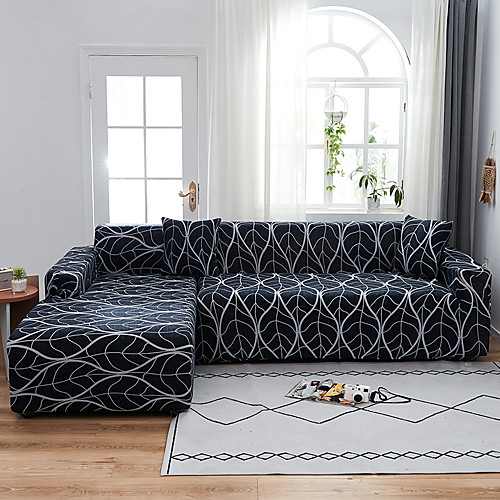 

Dark Gray White Lines Art Dustproof All-powerful Stretch L Shape Sofa Cover Super Soft Fabric Sofa Furniture Protector with One Free Boster Case