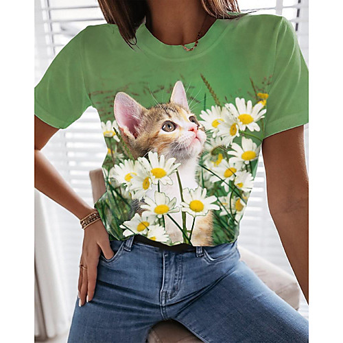 

Women's Floral Theme Daisy 3D Cat T shirt Floral Cat Graphic Print Round Neck Basic Tops Green