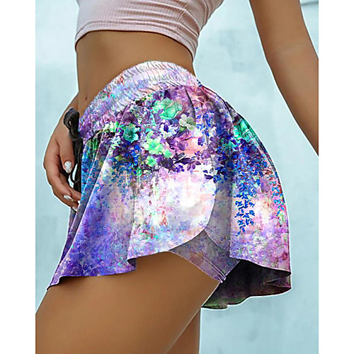 

Women's Fashion Casual / Sporty Comfort Loose Fitness Weekend Active Biker Shorts Skort Pants Flower / Floral Colorful Short 2 in 1 Ruffle Print Purple