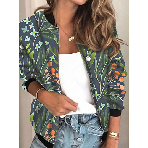 

Women's Jacket Daily Fall Spring Regular Coat Regular Fit Casual Jacket Long Sleeve Plants Print Rainbow