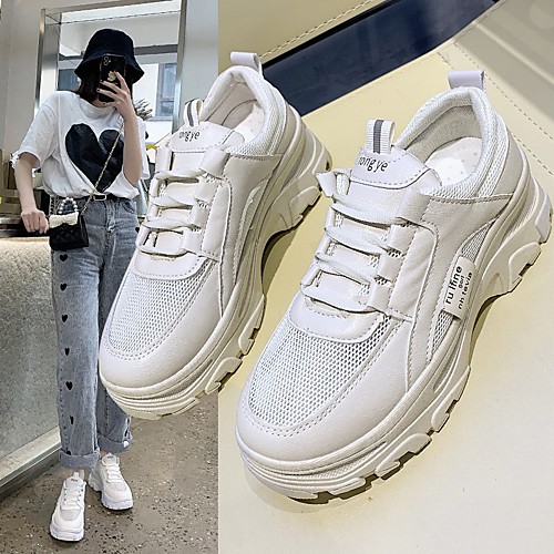 

Women's Trainers Athletic Shoes Dad Shoes Wedge Heel Round Toe PU Lace-up Solid Colored White Beige