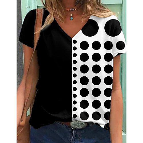 

Women's T shirt Polka Dot Color Block Print V Neck Tops Basic Basic Top Black