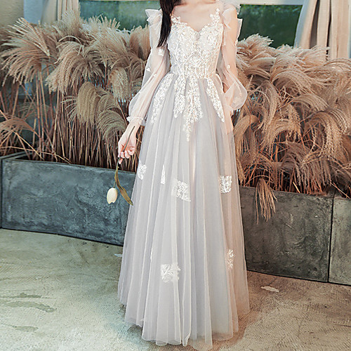 

A-Line Glittering Sexy Prom Formal Evening Dress Illusion Neck Long Sleeve Floor Length Tulle with Sequin Embroidery 2021