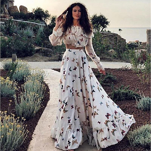 

2020 summer european and american net red ins butterfly print two-piece bohemian big skirt long skirt beach dress