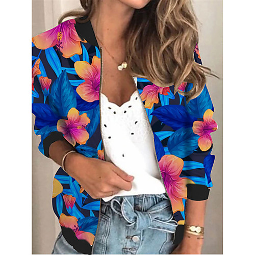 

Women's Jacket Daily Spring & Fall Regular Coat V Neck Regular Fit Sporty Casual Jacket Long Sleeve Floral Print Blue / Holiday