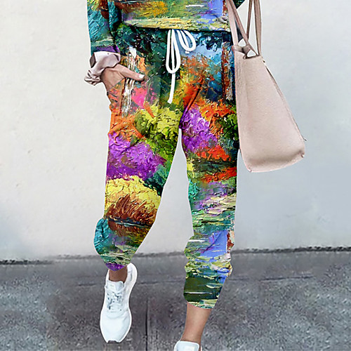 

Women's Basic Soft Comfort Going out Gym Palazzo Pants Graphic Prints Landscape Full Length Elastic Drawstring Design Print Purple