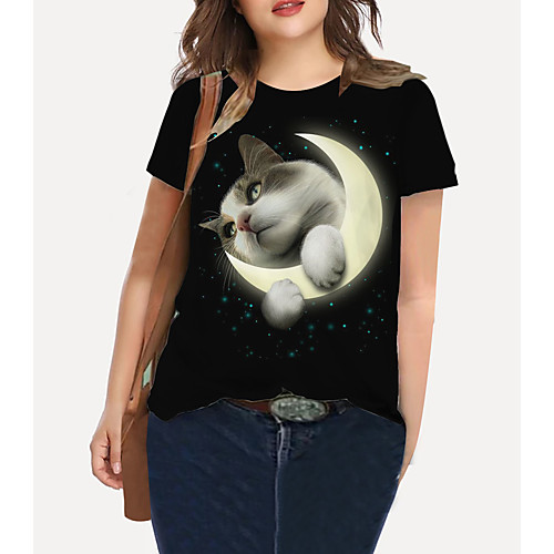 

Women's Plus Size Tops T shirt Cat Graphic Moon Print Short Sleeve Crewneck Basic Black Big Size XL XXL 3XL 4XL 5XL / Holiday / Going out