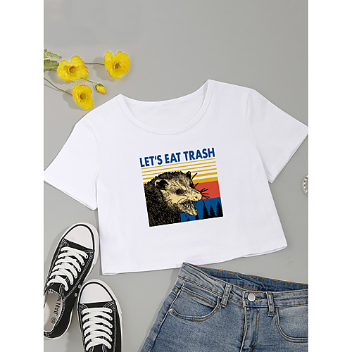 

Women's Crop Tshirt Letter Animal Print Round Neck Tops Cotton Basic Basic Top White Black