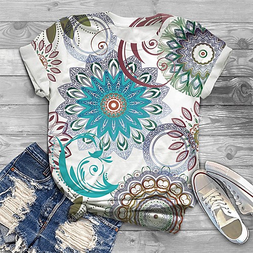 

Women's Plus Size Tops T shirt Floral Graphic Print Short Sleeve Crewneck Basic White Big Size XL XXL 3XL 4XL 5XL / Holiday