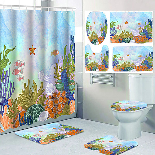

Four-piece Set of Waterproof Shower Curtain and Hook Cushion for Bathroom Casual Decoration