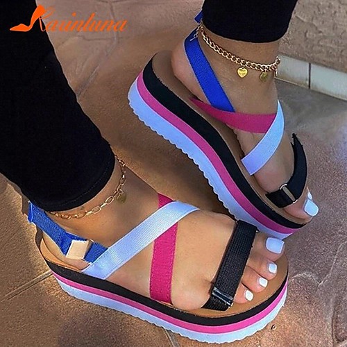 

Women's Sandals Platform Sandals Sporty Sandals Platform Round Toe PU Color Block Rainbow