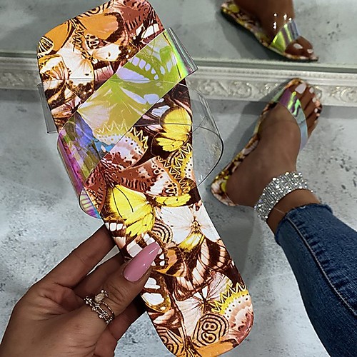 

Women's Sandals Outdoor Slippers Flat Heel Square Toe PU Animal Patterned Color Block Yellow Blue Gray