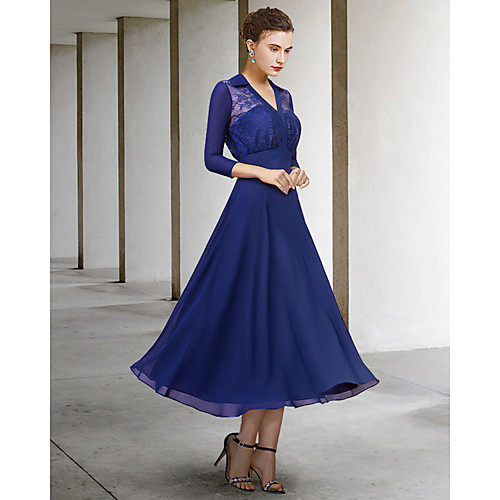 

A-Line Mother of the Bride Dress Elegant V Neck Floor Length Chiffon Lace 3/4 Length Sleeve with Pleats 2021