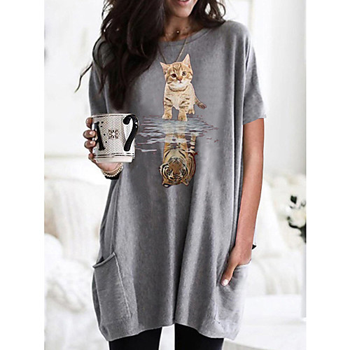 

Women's T shirt Dress Cat Graphic Round Neck Tops Basic Basic Top Black Wine Army Green