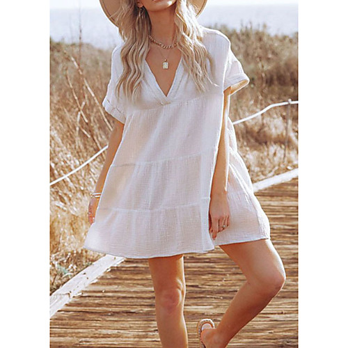 

Women's Shift Dress Short Mini Dress Blue Green White Short Sleeve Solid Color Patchwork Summer V Neck Elegant 2021 S M L XL XXL 3XL / Cotton / Cotton
