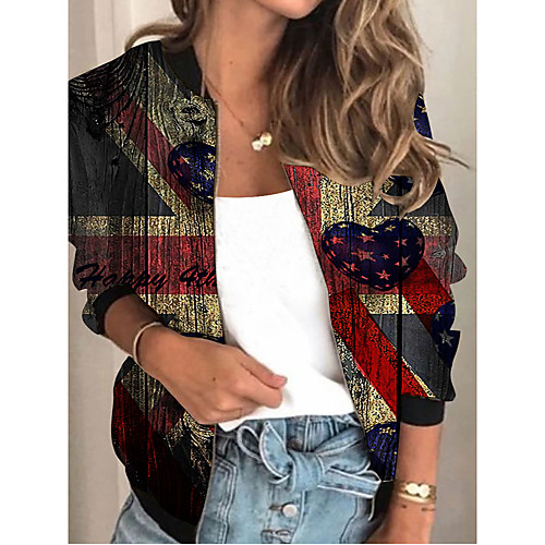 

Women's Jacket Daily Spring Summer Regular Coat V Neck Regular Fit Sporty Casual Jacket Long Sleeve Print Print Black / Holiday