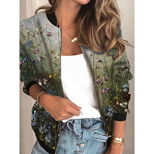 

Women's Jacket Daily Fall Spring Regular Coat Regular Fit Casual Jacket Long Sleeve Floral Print Rainbow