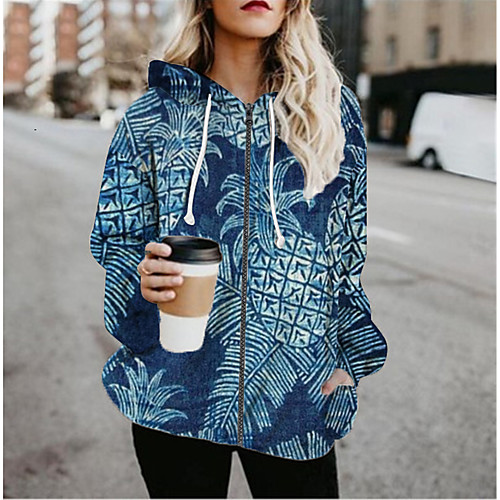 

Women's Jacket Daily Fall Spring Regular Coat Regular Fit Casual Jacket Long Sleeve Plants Print Blue / Holiday