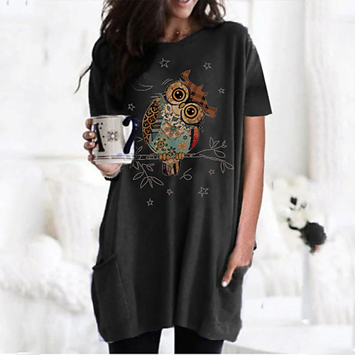 

Women's T shirt Dress Graphic Round Neck Tops Basic Basic Top Black Wine Army Green