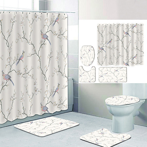 

Magpie on Peach Blossom Digital Printing Four-piece Set Shower Curtains and Hooks Modern Polyester Machine Made Waterproof Bathroom