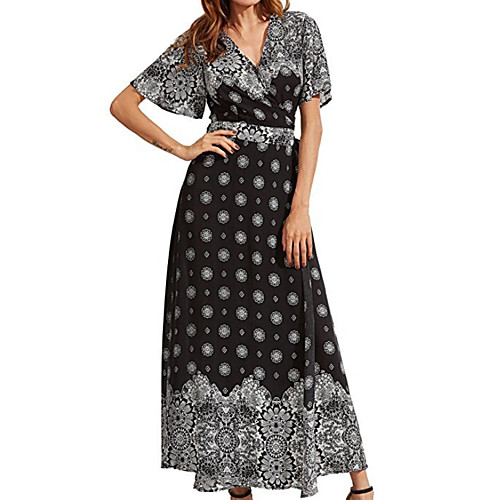 

Women's Swing Dress Maxi long Dress Blue Gray White Black Short Sleeve Print Print Fall Summer V Neck Elegant Casual Flare Cuff Sleeve 2021 One-Size