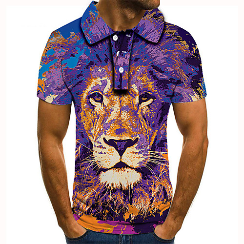 

Men's Golf Shirt 3D Print Graphic Prints Lion Animal Button-Down Short Sleeve Street Tops Casual Fashion Cool Purple / Sports