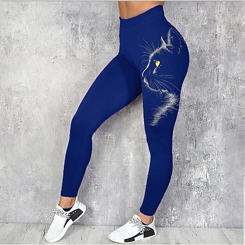 

Women's Sporty Fashion Comfort Skinny Leisure Sports Weekend Leggings Pants Cartoon Cat Ankle-Length Sporty Elastic Waist Print Blue Black