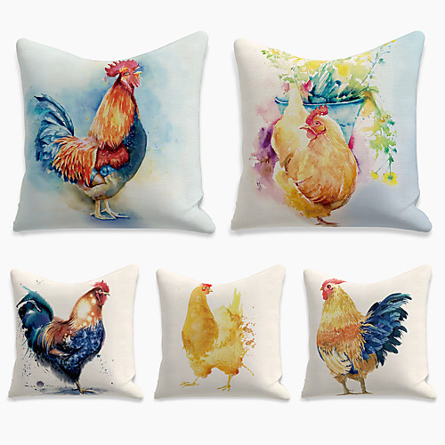 

Double Side Cushion Cover 5PC Faux Linen Soft Decorative Square Pillowcase for Sofa Bedroom 45 x 45 cm (18 x 18 Inch) Superior Quality Print Farm Cock Hen for Patio Garden Farmhouse Bench Couch