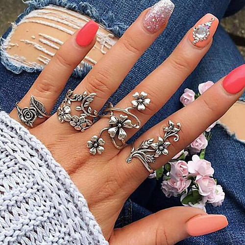 

Multi Finger Ring Geometrical Silver Alloy Flower Precious Vintage 1 set One Size / Women's