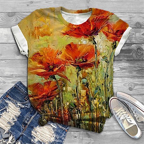 

Women's Plus Size Tops T shirt Floral Graphic Print Short Sleeve Crewneck Basic Yellow Big Size XL XXL 3XL 4XL 5XL / Holiday