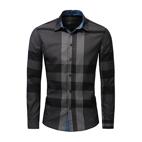 

LITB Basic Men's Lattice Color Block Button Shirt Long Sleeve Business Tops Heavy Cotton Tops Office Formal Wear Daily