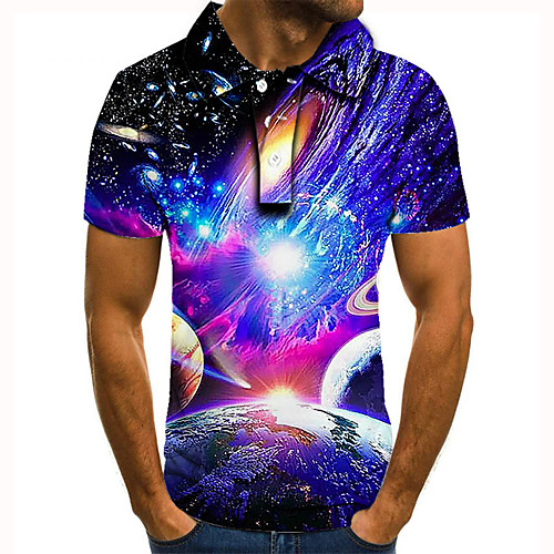 

Men's Golf Shirt Tennis Shirt 3D Print Graphic Prints Earth Interstellar Button-Down Short Sleeve Street Tops Casual Fashion Cool Blue / Sports