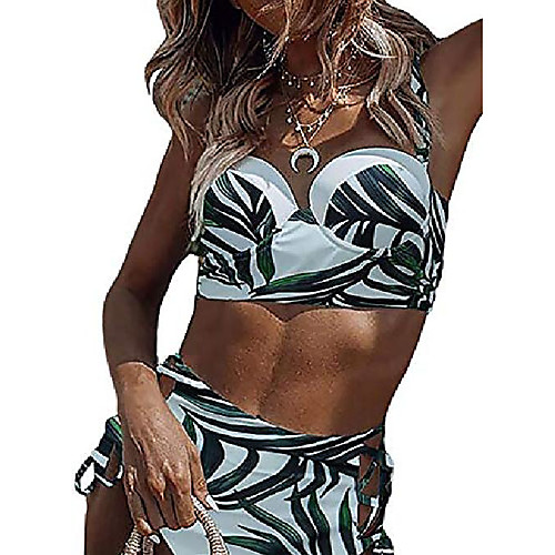 

Women's Bikini 2 Piece Swimsuit Strappy High Waist Leaf Narrow leaves on white Feather leaves on white Swimwear Bathing Suits Vacation