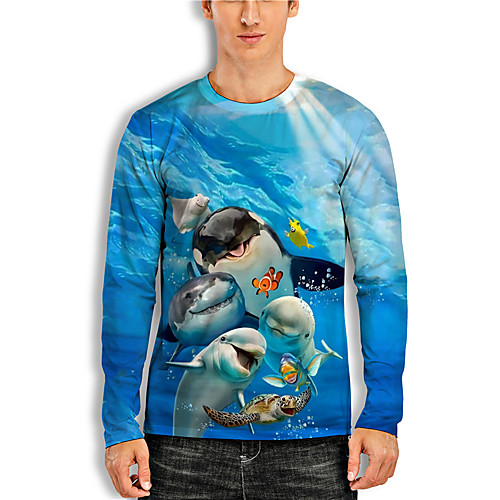 

Men's Tees T shirt 3D Print Graphic Prints Fish Animal Print Long Sleeve Daily Tops Casual Designer Big and Tall Blue