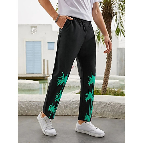 

Men's Chino Outdoor Sports Casual Holiday Pants Chinos Pants Tropical Leaf Full Length Print Black