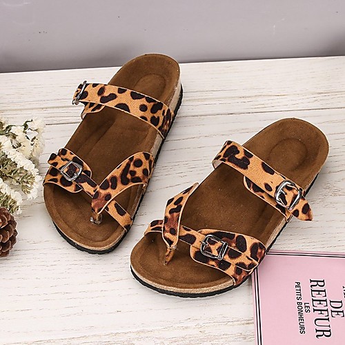 

Women's Sandals Comfort Shoes Flat Heel Round Toe PU Buckle Leopard Leopard