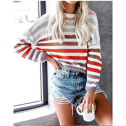 

Women's Knitted Striped Pullover Long Sleeve Sweater Cardigans Crew Neck Fall Spring Black Purple Green