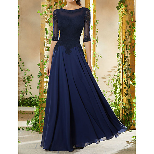 

A-Line Empire Wedding Guest Formal Evening Dress Boat Neck Half Sleeve Floor Length Chiffon with Beading Appliques 2021