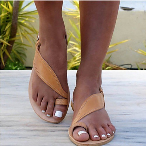 

Women's Sandals Boho Bohemia Beach Flat Heel Round Toe PU Solid Colored Light Brown Black Gold