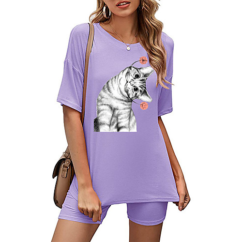 

Women's Basic Streetwear Cat Animal Vacation Casual / Daily Two Piece Set Crew Neck Tracksuit T shirt Loungewear Biker Shorts Print Tops